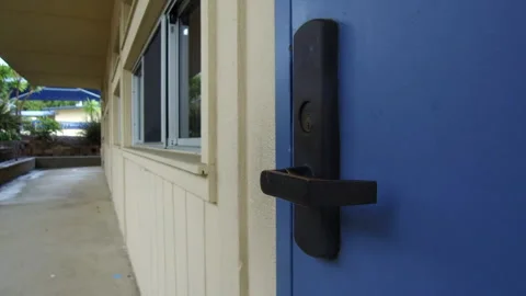 Empty Elementary School Hallway And Door Stock Footage 130677387