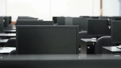 Empty elementary school science pc classroom with white board, table and ch.. Stock Footage 256720220