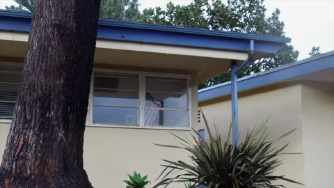 Empty Elementary School Window And Lunch Table On A Rainy Day Stock Footage 130677756