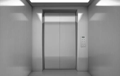 Empty elevator cabin with closed steel doors Illustrazione stock