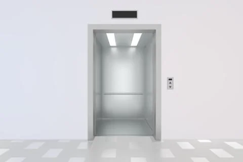 Empty elevator hall interior with waiting lift and grey walls. 3d rendering Illustrazione stock