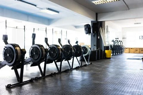 Empty elliptical trainer machines arranged in a row against window in health Stock Photos