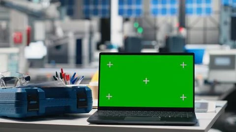 Empty engineering desk in a solar power manufacturing plant with green screen 스톡 사진
