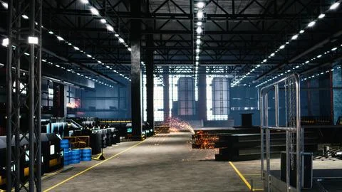 Empty engineering facility revealing large workshop with mechanical structure Stock Photos