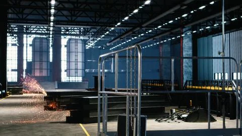 Empty engineering facility revealing large workshop with mechanical structure Stock Photos