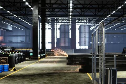 Empty engineering facility revealing large workshop with mechanical structure Stock Photos