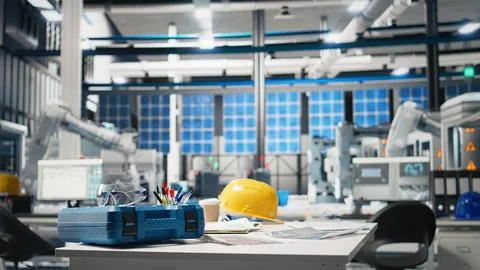 Empty engineering workspace in a high tech solar panels factory Stock Photos