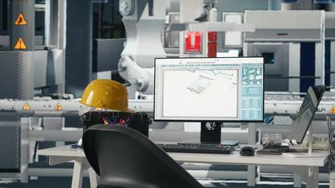 Empty engineering workspace in a high tech solar panels factory 스톡 사진