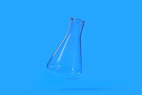 Empty erlenmeyer flask flies on blue background. Chemistry flask Stock Illustration