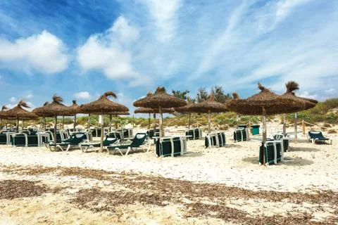 Empty Es Trenc beach beacuse of windy weather in Mallorca, Spain Stock Photos