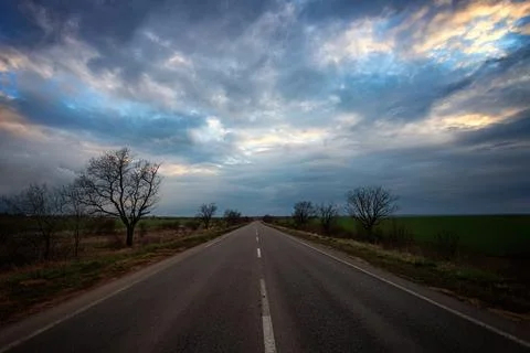 Empty evening asphalt road at sunset. Trees and green meadows Stock Photos