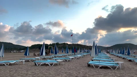 Empty evening shezlonges beach rest holiday lonely weekend summer sand 動画素材 207758045
