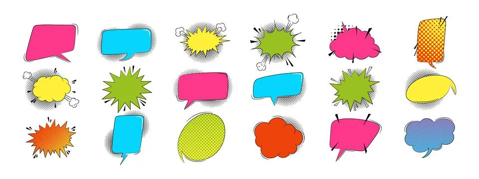Empty explosion speech bubbles with text in trendy pop art style Stock Illustration