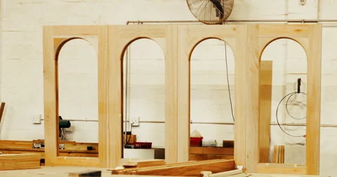 Empty, factory and wood with frame for carpentry, furniture restoration and Stock Footage 341486872