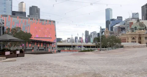 Empty Federation Square In Melbourne During Coronavirus Shurdown Stock Footage 130155640