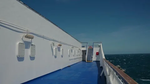 Empty Ferry Deck With Blue Floor And Open Sea View Stock Footage 340595240