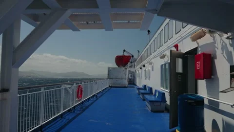 Empty Ferry Passenger Deck With Blue Floor And Sea View Stock Footage 340595238
