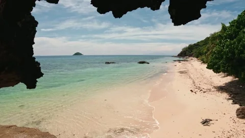 Empty Fiji beach viewed from cave Stock Footage 306188486