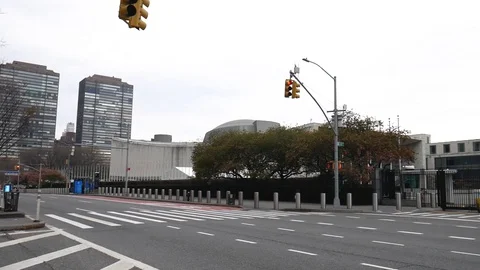 Empty First Avenue Pan to United Nations Building Stock Footage 127941437