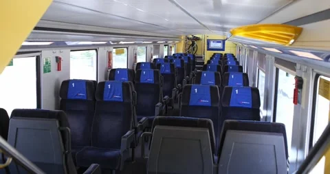 Empty First Class Train Cabin Interior with Blue Seats Stock Footage 339194168