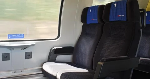 Empty First Class Train Cabin Interior with Blue Seats Stock Footage 339194257