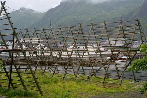Empty fish drying flake in Svolvaer, Norway Stock Photos