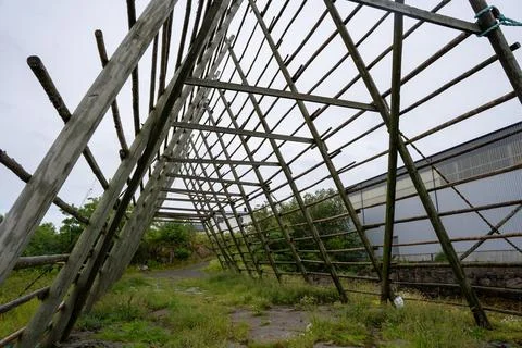 Empty fish drying flake in Svolvaer, Norway Stock Photos