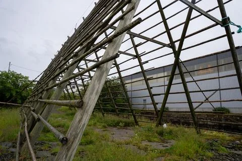 Empty fish drying flake in Svolvaer, Norway Stock Photos