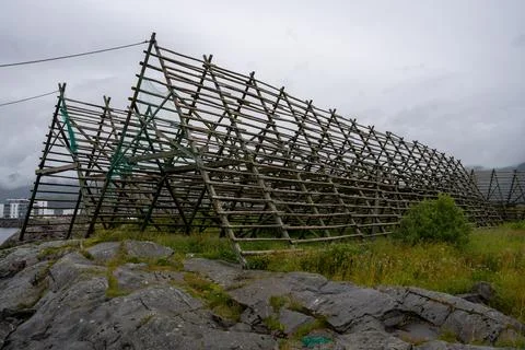 Empty fish drying flake in Svolvaer, Norway Stock Photos