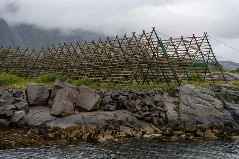 Empty fish drying flake in Svolvaer, Norway Stock Photos