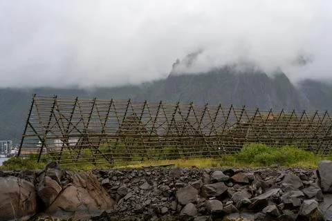 Empty fish drying flake in Svolvaer, Norway Stock Photos