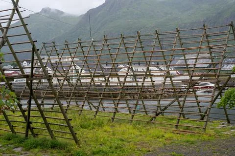 Empty fish drying flake in Svolvaer, Norway Stock Photos