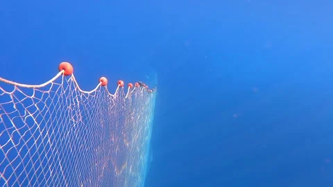 Empty fishing net sinks underwater in blue sea beside boat with mesh - Netting Stock Footage 339976685