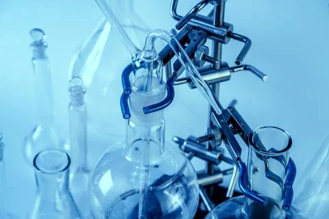 Empty flasks. Laboratory analysis equipment. Chemical laboratory, glassware t Stock Photos