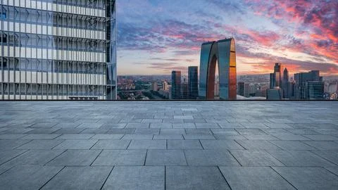 Empty floor and modern city skyline with building at sunset in Suzhou Stock Photos