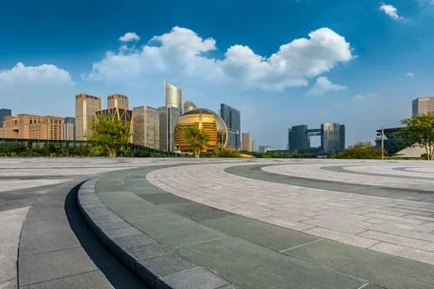 Empty floor and modern city skyline with modern building in Hangzhou Stock Photos