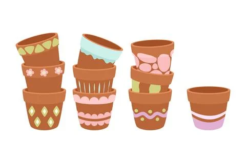 Empty, flower, clay pots. Stacked into each other. Vector on white background. イラスト素材