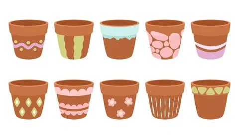 Empty, flower, clay pots. Vector set on white background. Stock Illustration