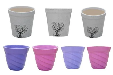 Empty flower pots of different colour and different prospective, Stock Photos