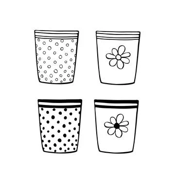 Empty flower pots for indoor plants and flowers. Hand drawn simple black outl Stock Illustration