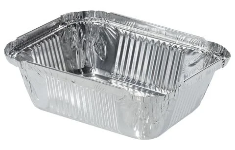 Empty foil baking dish on isolated background Stockfoto's