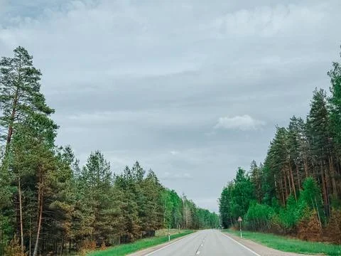 Empty Forest Highway Under Dramatic Cloudy Sky in Countryside Stock Photos