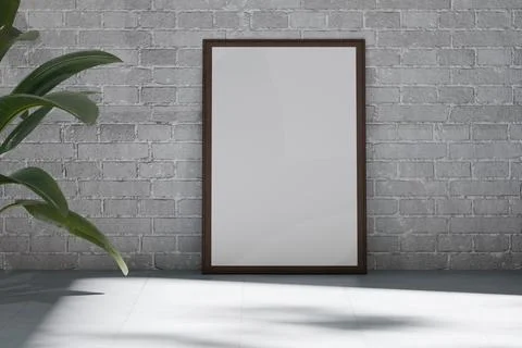 Empty frame against a light gray brick wall with a plant Stock Illustration