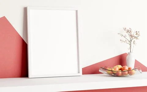 Empty frame with apple on glass plate and flower vase on wooden hanging she.. Stockillustratie
