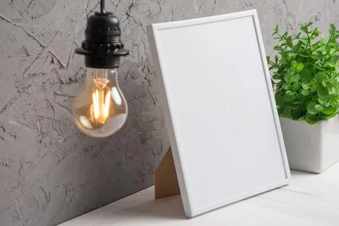 Empty frame on the background of a wall with a flower and an Edison bulb. Con Stock Photos