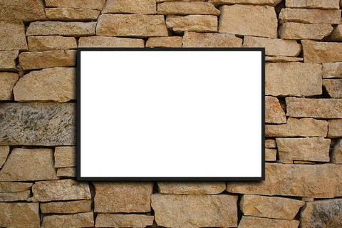 Empty frame. Blank black mounted portrait frame on white brick Stock Photos