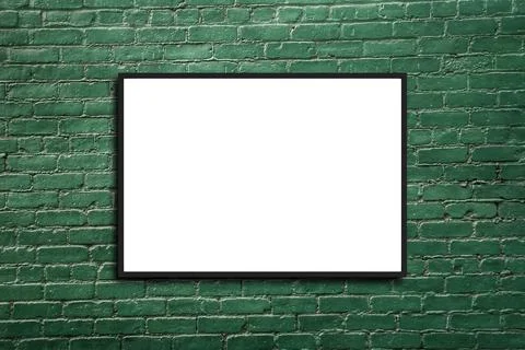 Empty frame. Blank black mounted portrait frame on white brick Stock Photos