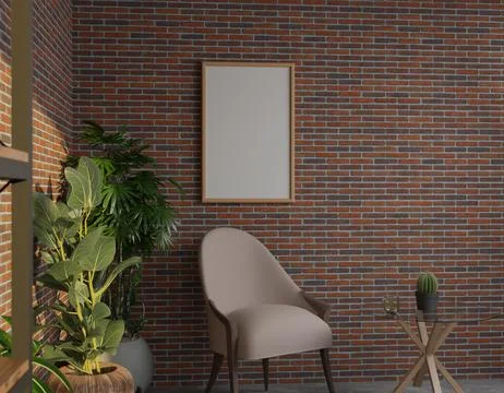 Empty frame, brick wall, beige chair, plants Stock Illustration