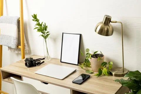 Empty frame with copy space, plants, technology devices on table against white Stock Photos