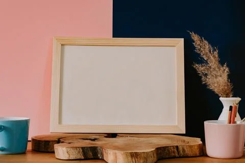Empty frame with copy space on wooden stand Stock Photos